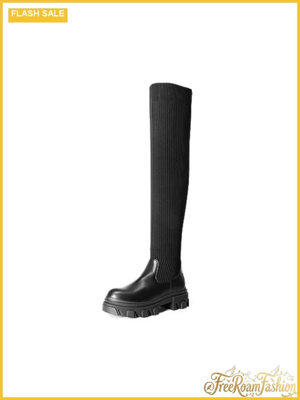 Women's Over the Knee Platform Boots Knit Faux Leather Lug Sole